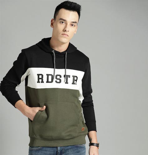 The Lifestyle Co Men Olive Green & White Colourblocked Hooded Sweatshirt